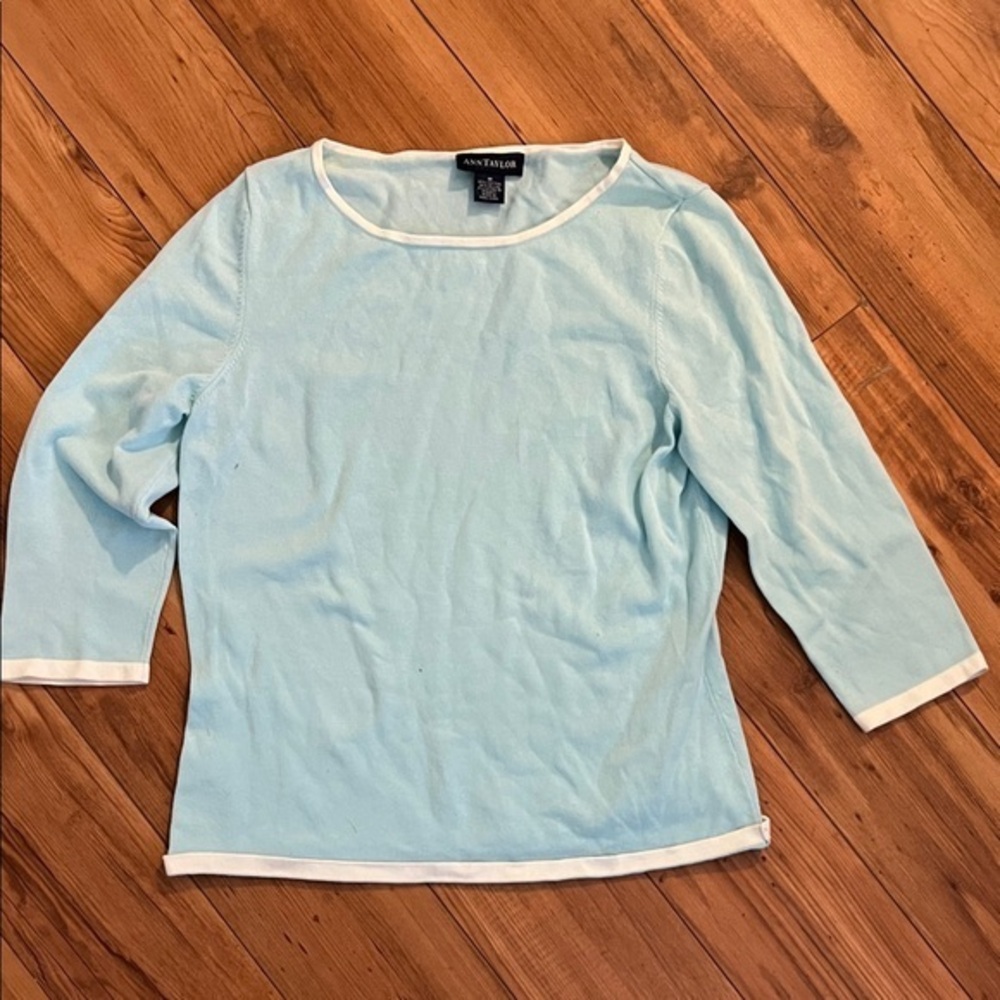 Ann Taylor Sky Blue Blouse with White Trim